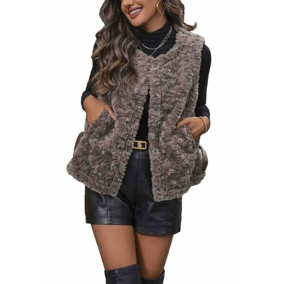 Medium Jackets & Blazers - Blossom & Clover Women’s Faux Fur Outer Shell Vest Coats Jacket Brown Size M